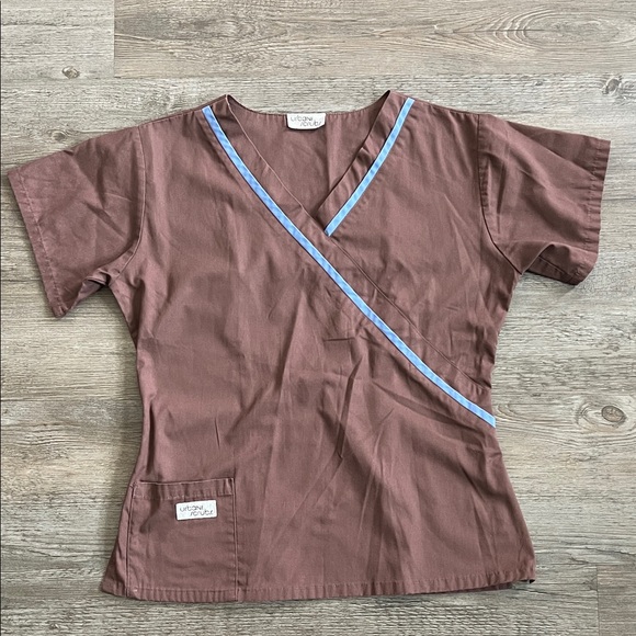 Urban scrubs Tops - Urbane Scrubs Chocolate Brown Scrub Top with Sky Blue Accents